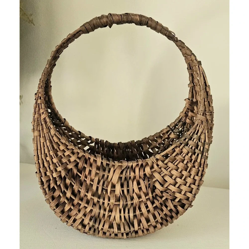 Antique French Style Harvest Basket Woven Round Handle